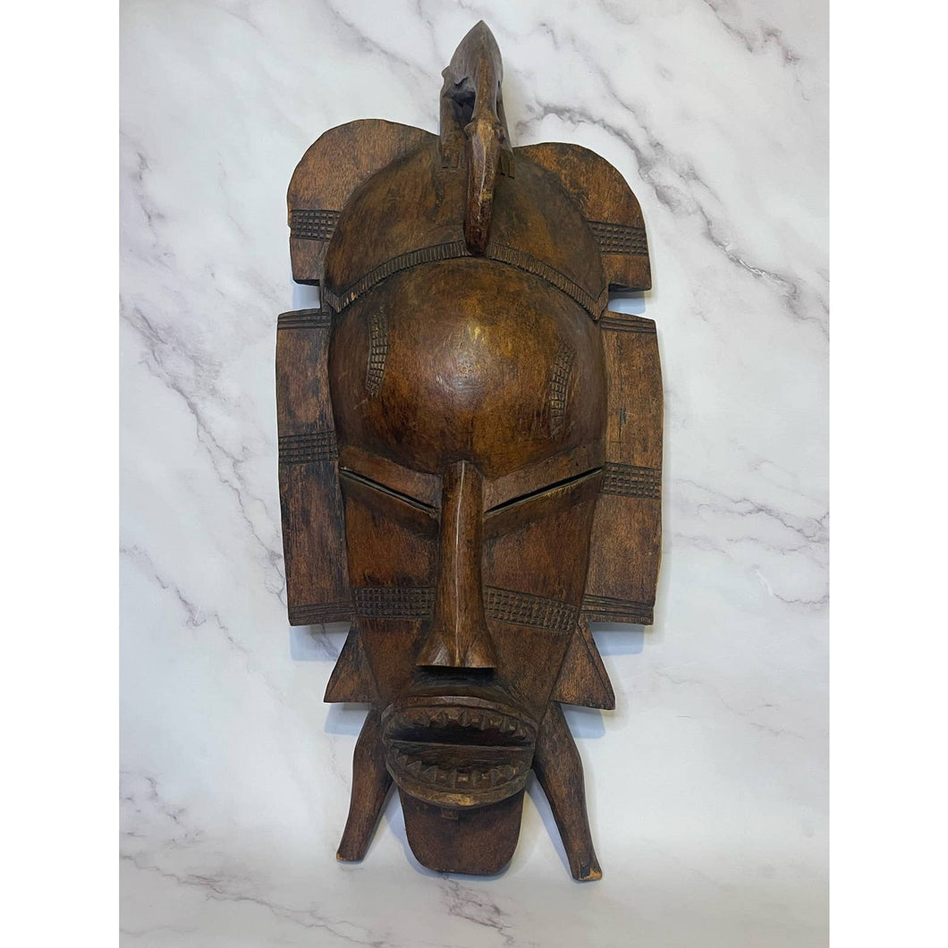 Vintage African Bird Adorned Statue Figurine Mask Primitive Carving Sculpture Wooden