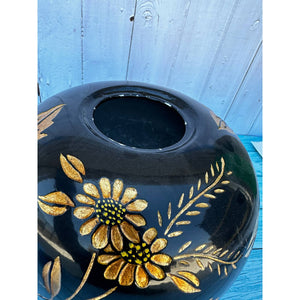 Vintage Black & Gold Floral Pot / Vase / Urn