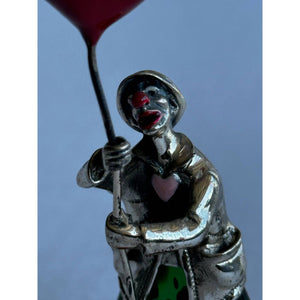 Vintage Ancini Silver Enamel Murano Italy Clown Holding Heart Balloon w Stickers