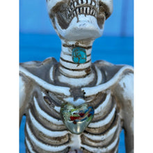 Load image into Gallery viewer, Vintage Handmade Crystal Heart Turquoise Red Eyes Meditating Yoga Skeleton