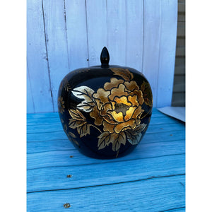 Vintage Black & Gold Floral Pot / Vase / Urn