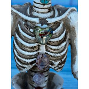 Vintage Handmade Crystal Heart Turquoise Red Eyes Meditating Yoga Skeleton