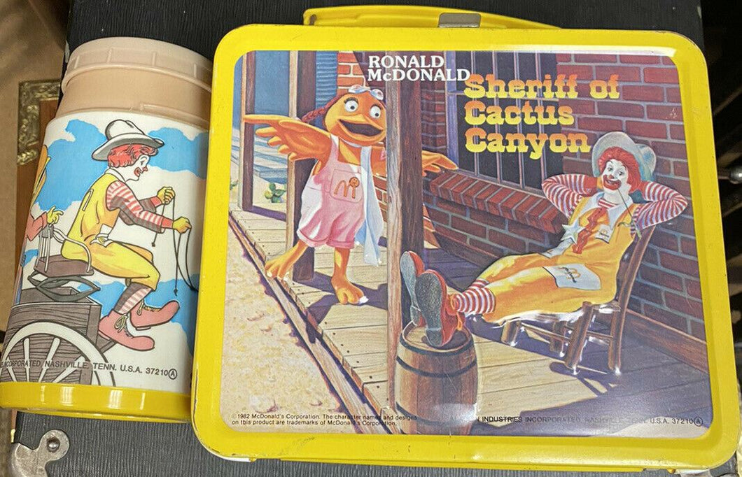 VINTAGE 1982 RONALD McDONALD SHERIFF OF CACTUS CANYON METAL LUNCH BOX & THERMOS