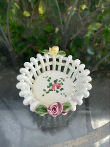 Vtg Italian Capodimonte Style Round Porcelain Rose Basket 6.25"