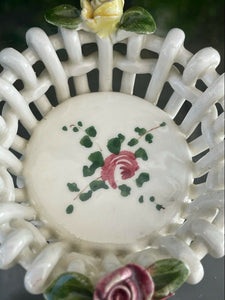 Vtg Italian Capodimonte Style Round Porcelain Rose Basket 6.25"