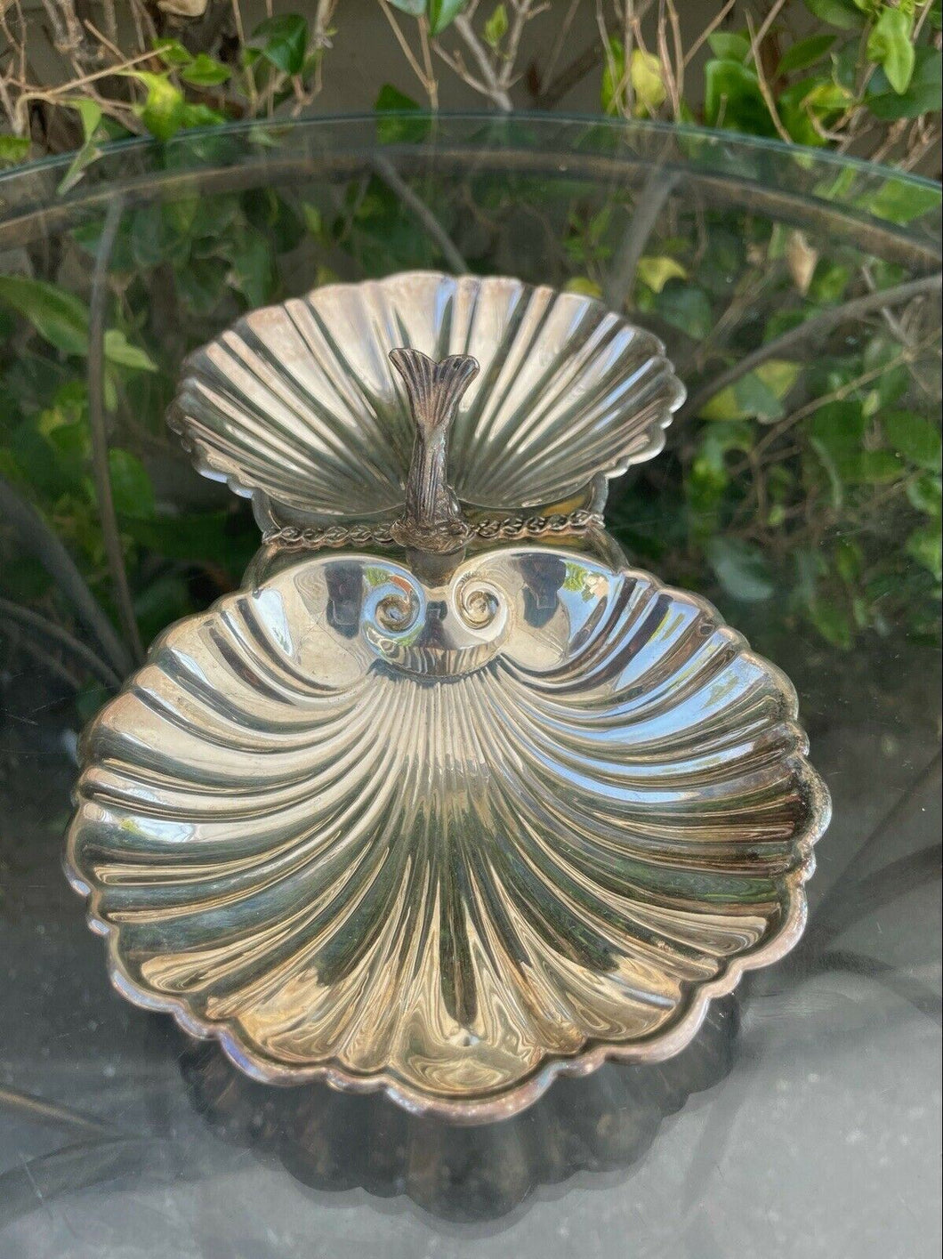 Antique Crescent Silver Plate Baroque Silver plated Clam Shell Dish Bowl B22