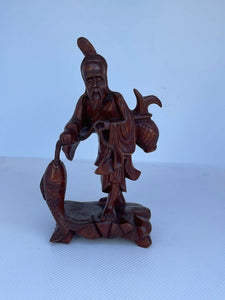 Antique/Vintage 8" Chinese Hand Carved Cinnabar Man with Fish Figurine 40