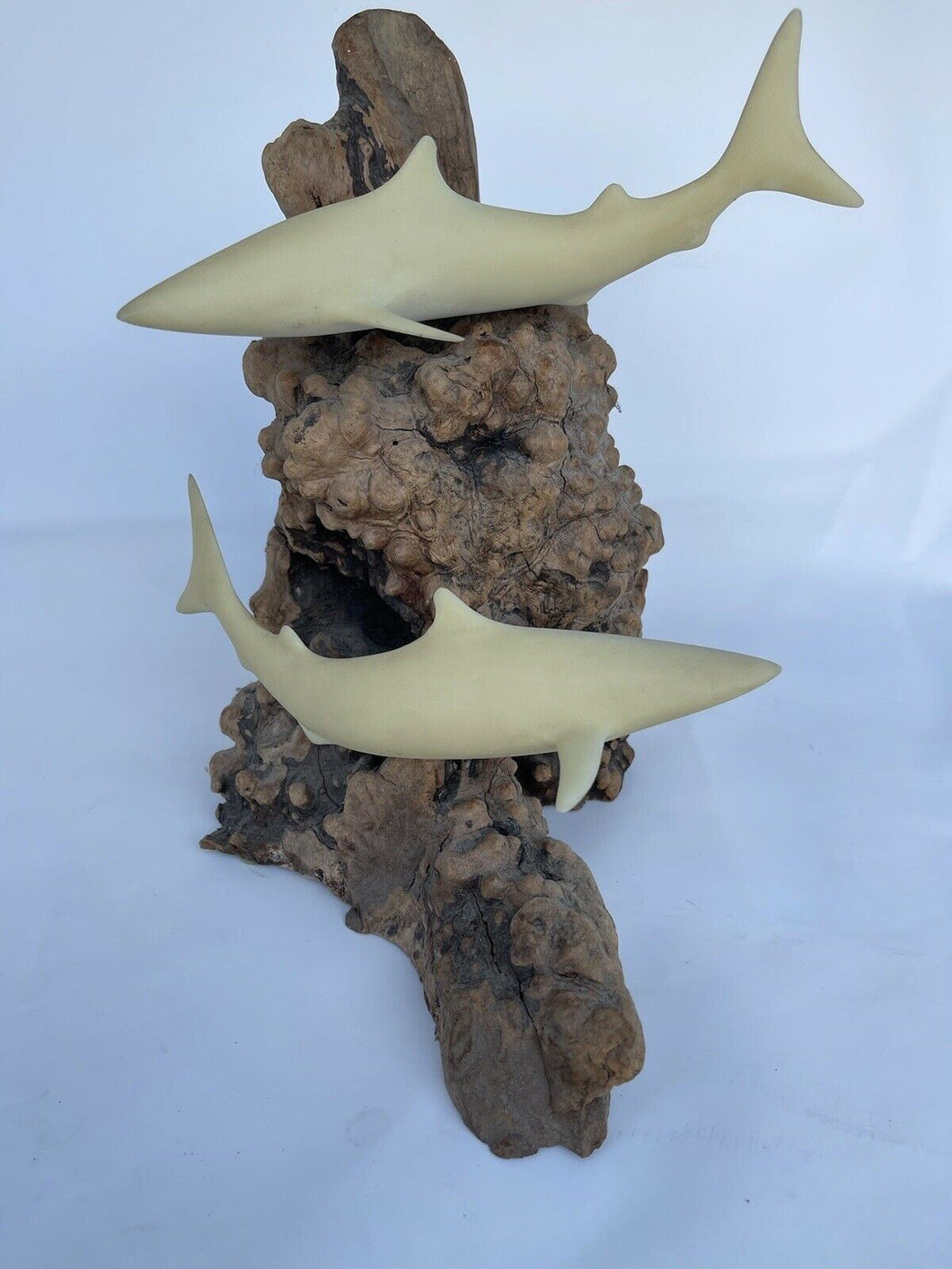 John Perry Carved Balanite Double Swimming Sharks Sculpture on Wood Base B45