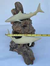 Load image into Gallery viewer, John Perry Carved Balanite Double Swimming Sharks Sculpture on Wood Base B45