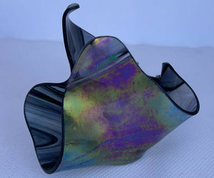 Vintage hand blown signed art glass handkerchief iridescent aurene vase bowl