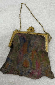 Antique Victorian German Silver Mesh Purse With Multi Colored Twin B46