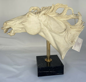 Vintage Italian Art Deco Alabaster Horse Head Sculpture on Marble Base With Tags