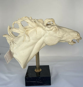 Vintage Italian Art Deco Alabaster Horse Head Sculpture on Marble Base With Tags