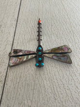 Load image into Gallery viewer, Large Federico abalone/ turquoise dragonfly brooch signed “JF sterling” possibly James Francis. Measures 3.5” by 3.5”