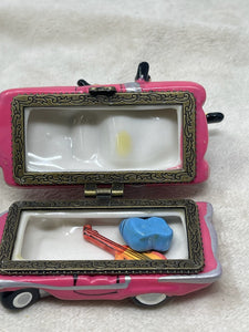 Vintage Elvis Presley Pink Cadillac Ceramic Trinket Box - Guitar & Blue Suede Shoes Inside