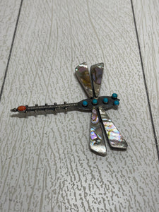Large Federico abalone/ turquoise dragonfly brooch signed “JF sterling” possibly James Francis. Measures 3.5” by 3.5”