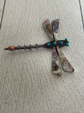 Load image into Gallery viewer, Large Federico abalone/ turquoise dragonfly brooch signed “JF sterling” possibly James Francis. Measures 3.5” by 3.5”