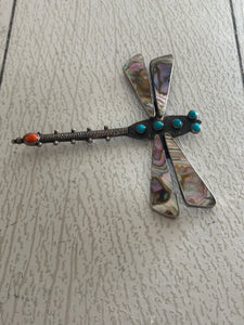 Large Federico abalone/ turquoise dragonfly brooch signed “JF sterling” possibly James Francis. Measures 3.5” by 3.5”
