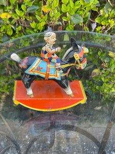 Vintage GAMA Germany Tin Wind Up circus Clown On Rocking Donkey Working B72