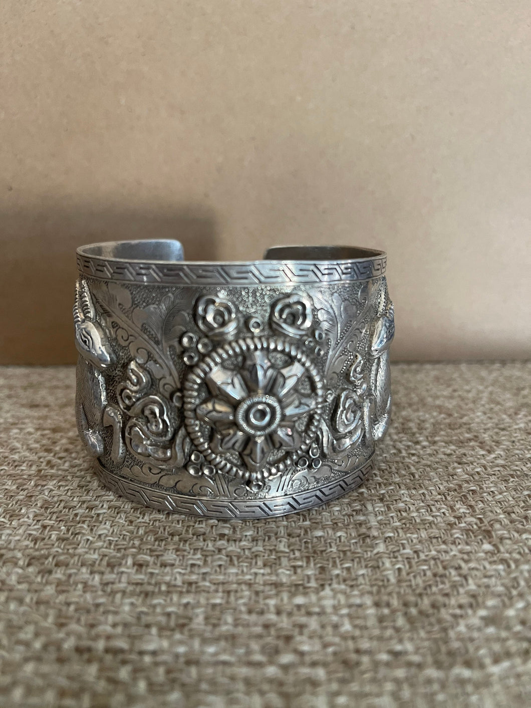 Hand Carved, sterling silver cuff bracelet