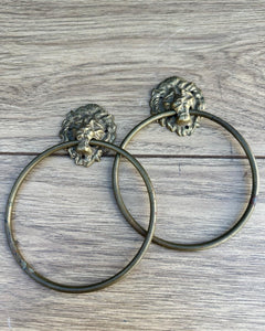 Pair of Vintage Curtain Brass Tie Backs with Lions Heads